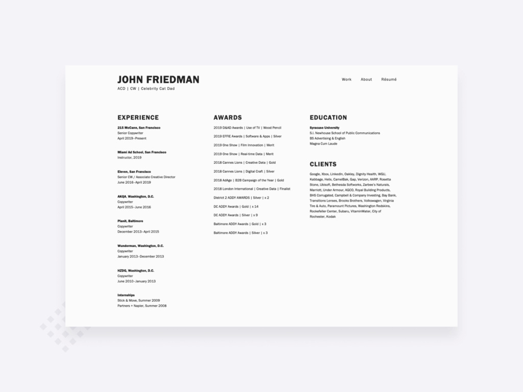 screenshot of the copywriter resume of John Friedman, senior copywriter at 215 McCann