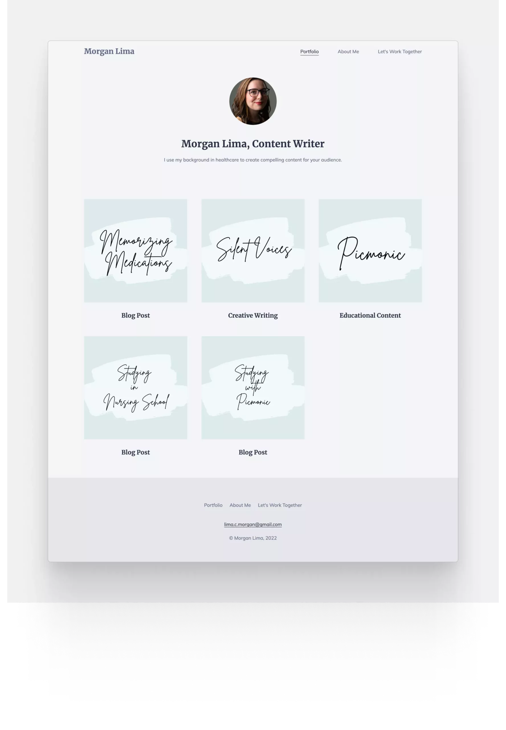 Morgan Lima's blue freelance writing website, featuring 5 of her top writing gigs.