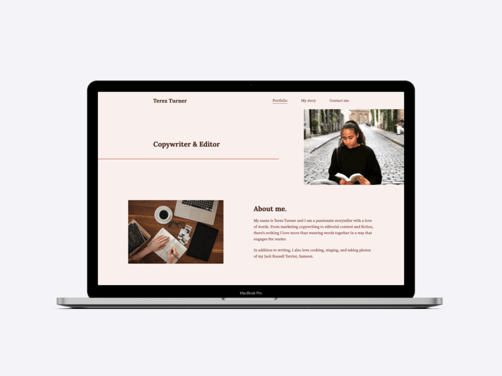 Screenshot of the portfolio website of editor and copywriter Terez Turner. She created her portfolio with Copyfolio and the Journal template.