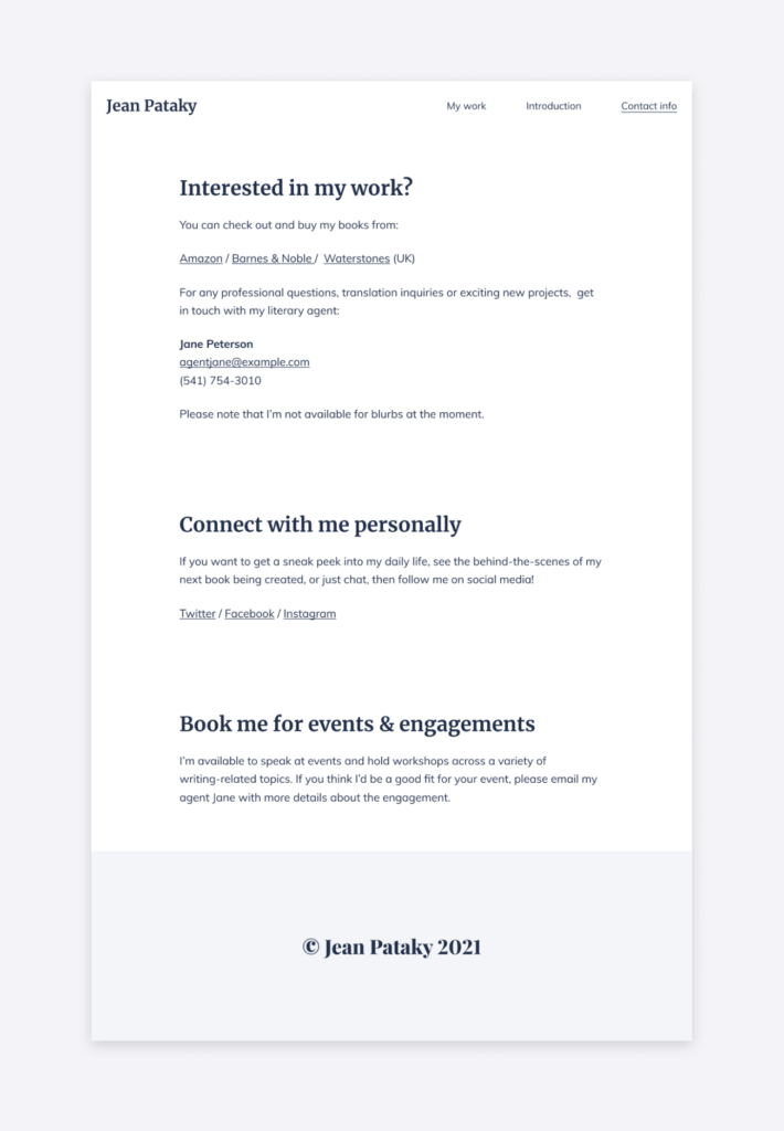 example of the contact page of Copyfolio's author website template
