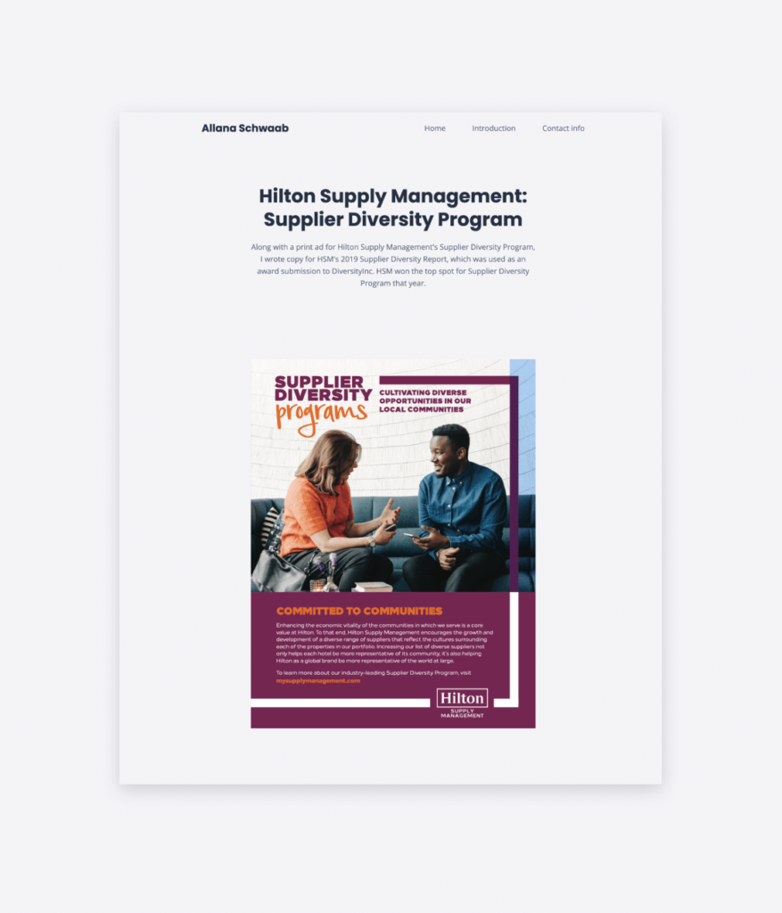 A page in Allana Scwaab's content writing portfolio, detailing one of her projects that she did for Hilton Supply Management.