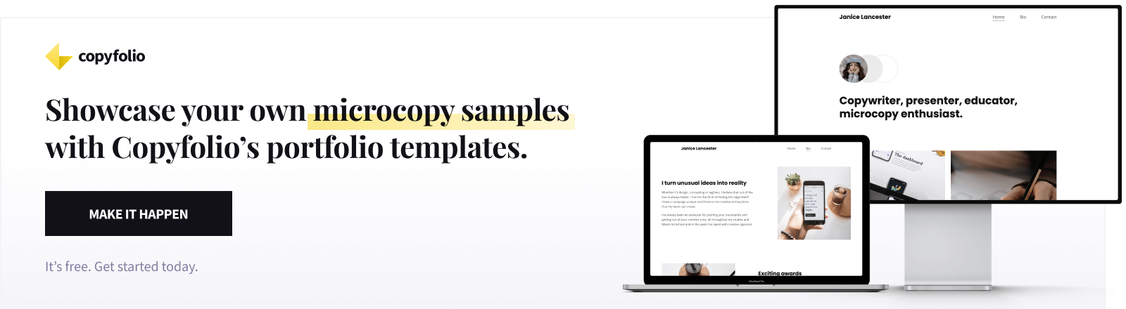 Showcase your own microcopy samples with Copyfolio's portfolio templates.