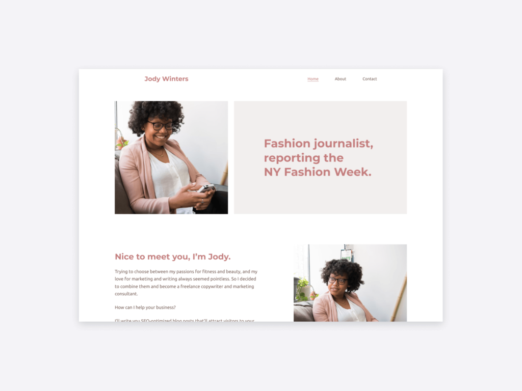 A fashion journalist portfolio website's homepage, created with Copyfolio.