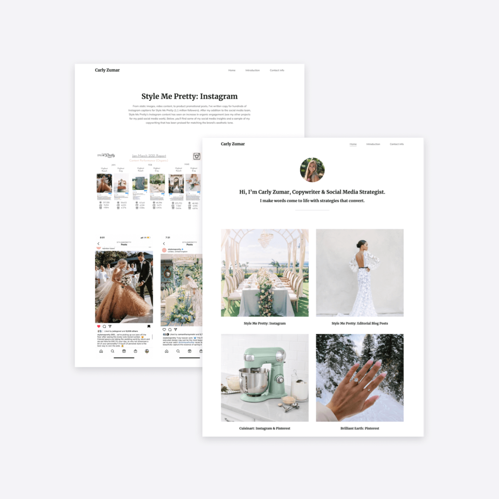 The social media portfolio website of Carly Zumar, created with Copyfolio's "Letterpress" portfolio template.