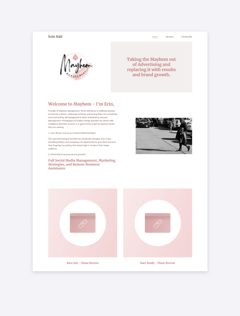 The website of Mayhem management by Erin Hall, created with the Agenda portfolio template by Copyfolio.