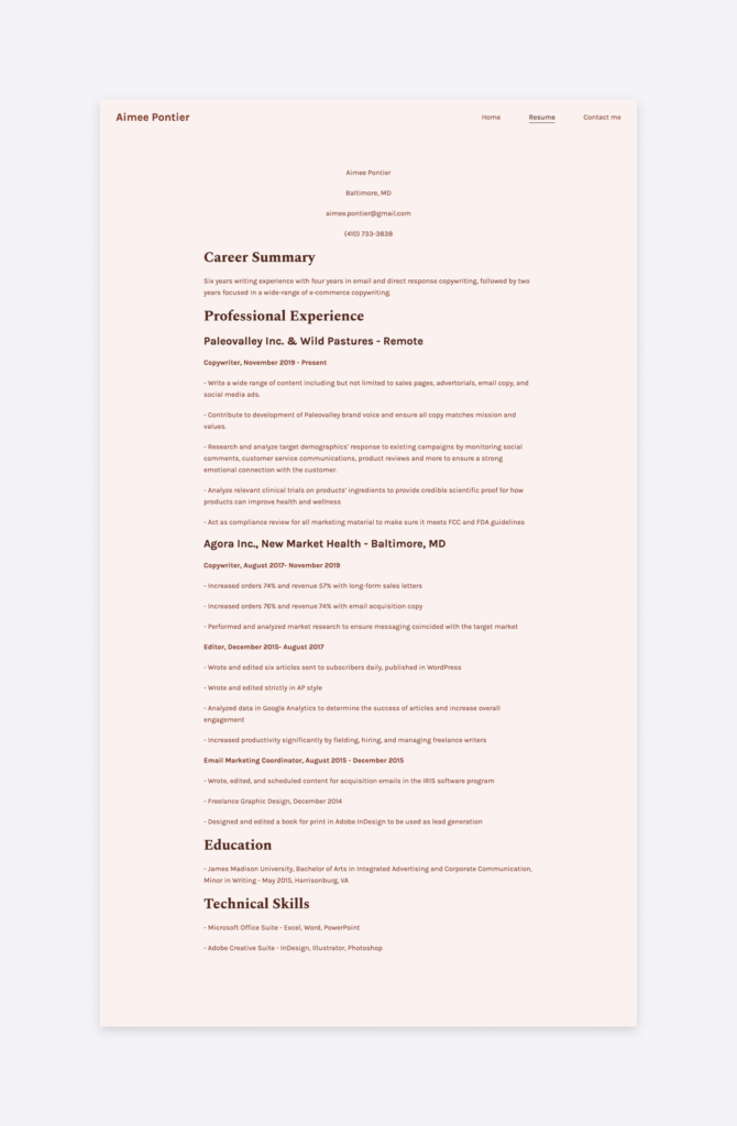 the resume of Aimee Pontier, added as simple text to her Copyfolio website