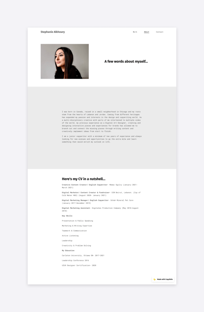 The CV of Stephanie Alkoury, on her website made with Copyfolio