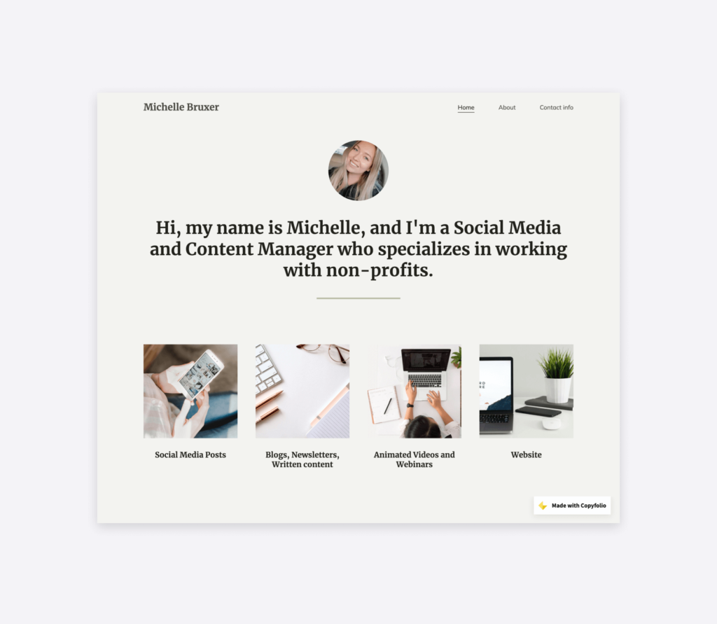 Screenshot of the portfolio website of Michelle Bruxer, social media and content manager.