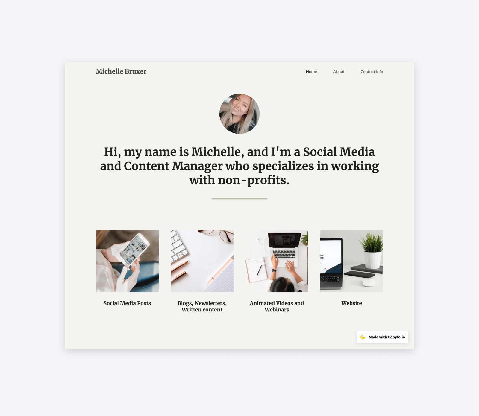 Social media and content manager Michelle Bruxer's portfolio homepage.