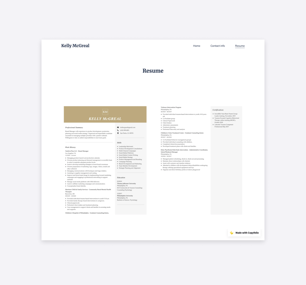 The resume of Kelly McGreal, uploaded to her portfolio website.