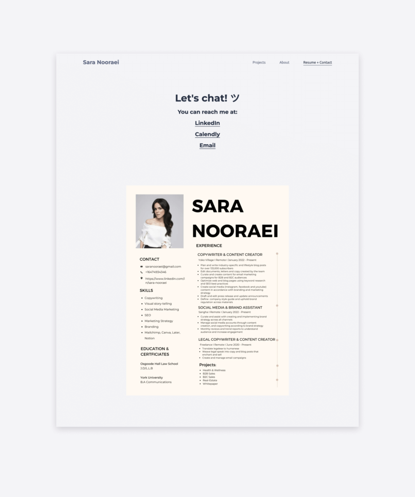 Screenshot of Sara Nooraei's "Resume + Contact" page on her social media portfolio website.