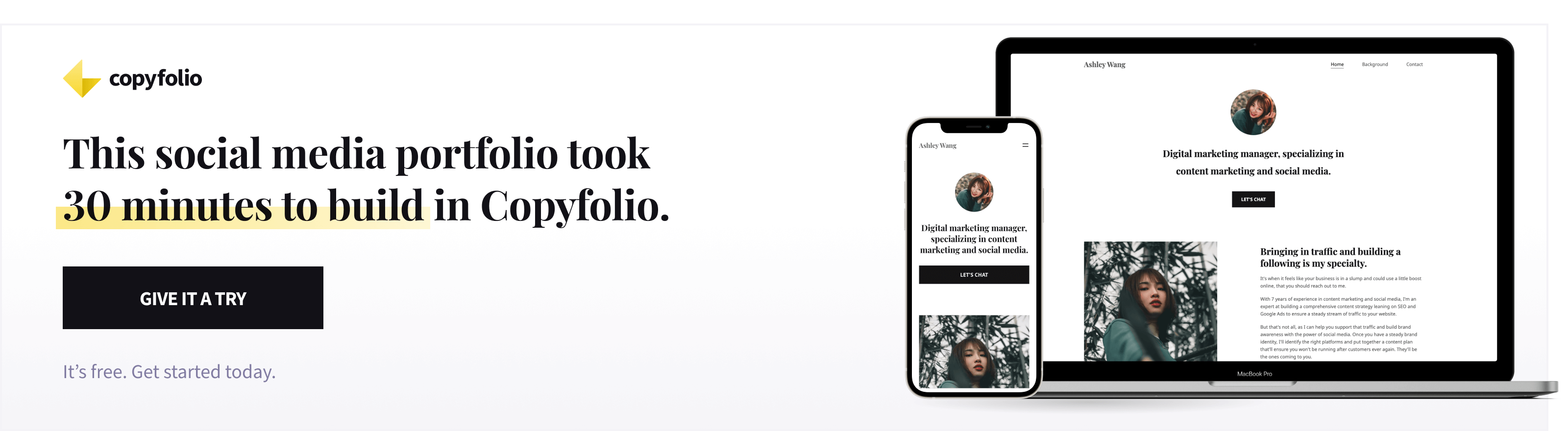 Banner with the following text: this social media portfolio took 30 minutes to build in Copyfolio. Give it a try. It's free. Get started today.