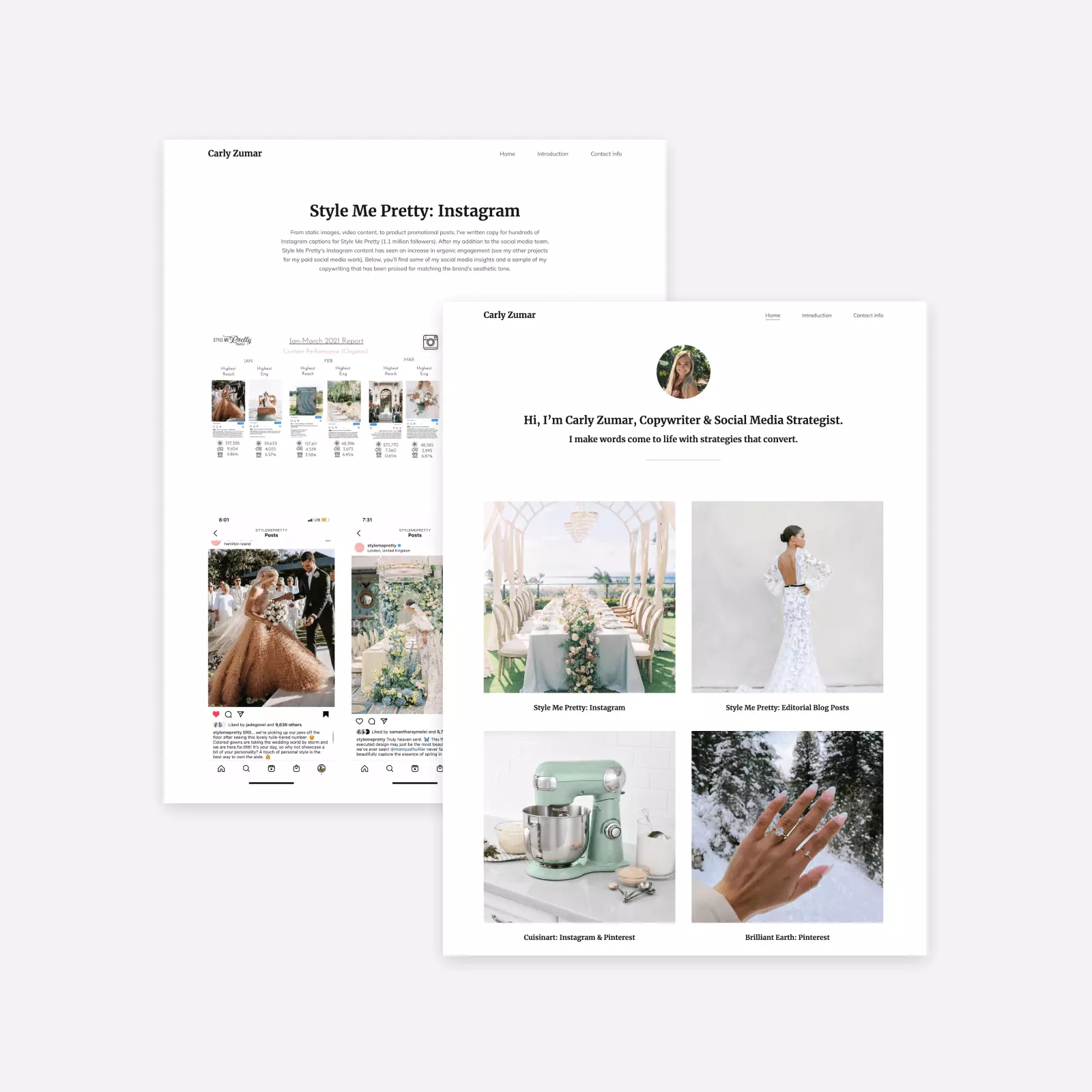 Pages from the copywriting and social media portfolio of Carly Zumar: her homepage featuring projects, an one of her Instagram case study pages.