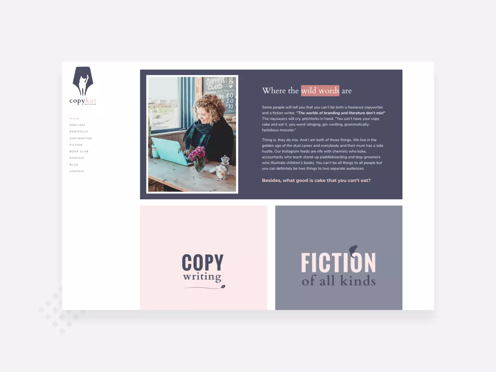 Copywriting portfolio example: a screenshot of the homepage of CopyKat's copywriter website