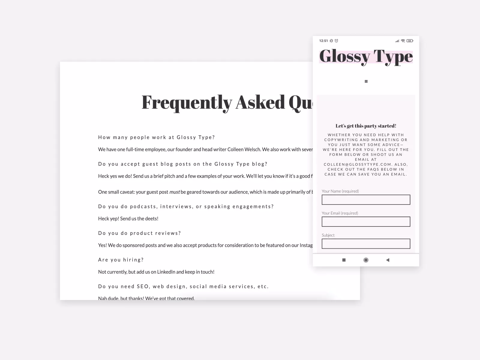 Desktop and mobile views of the Frequently Asked Questions and Contact pages on the Glossy Type's copywriting website