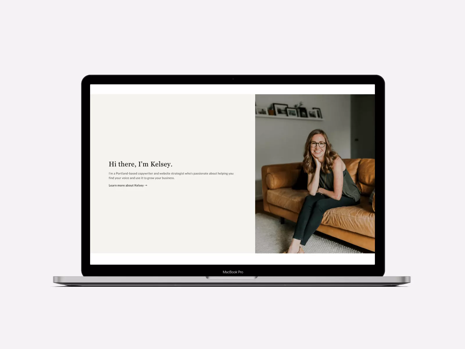 Copywriting portfolio example: screenshot of Kelsey's home page with a section about her