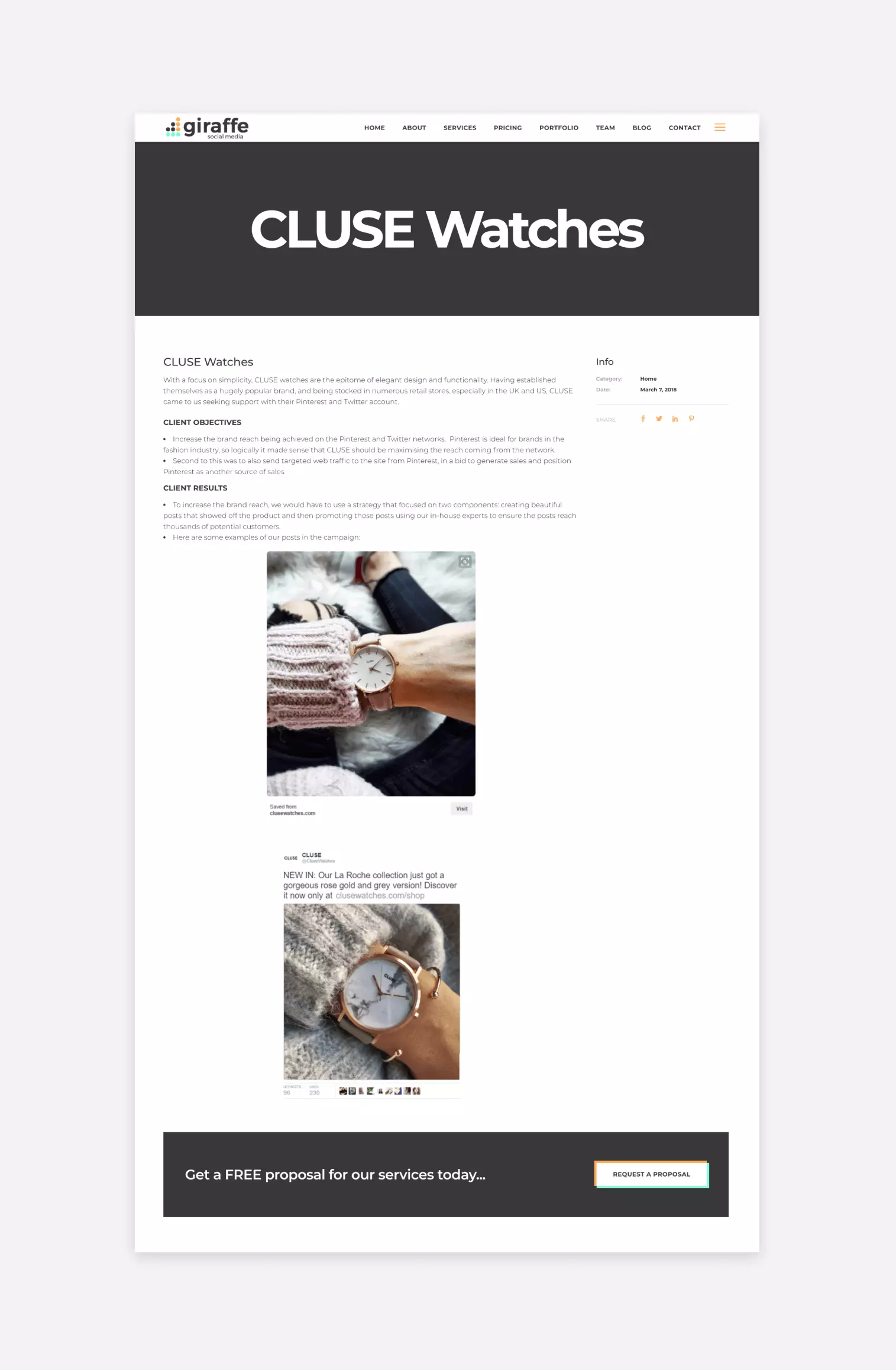 screenshot of a social media case study for cluse watches, on the giraffe website