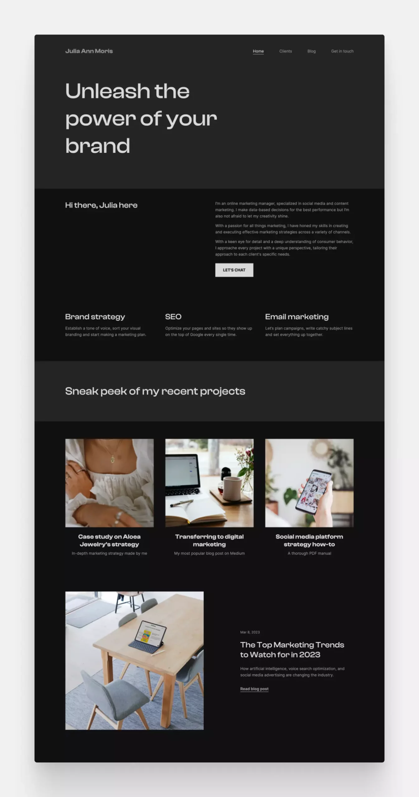 Copyfolio's "Billboard" portfolio template, featuring no image at the top, a black background by default, and a prominent, bold tagline.