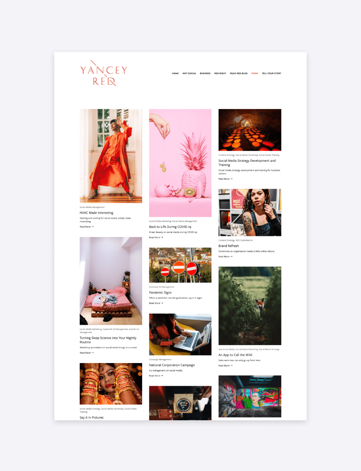 screenshot of the portfolio page of yancey red social media agency