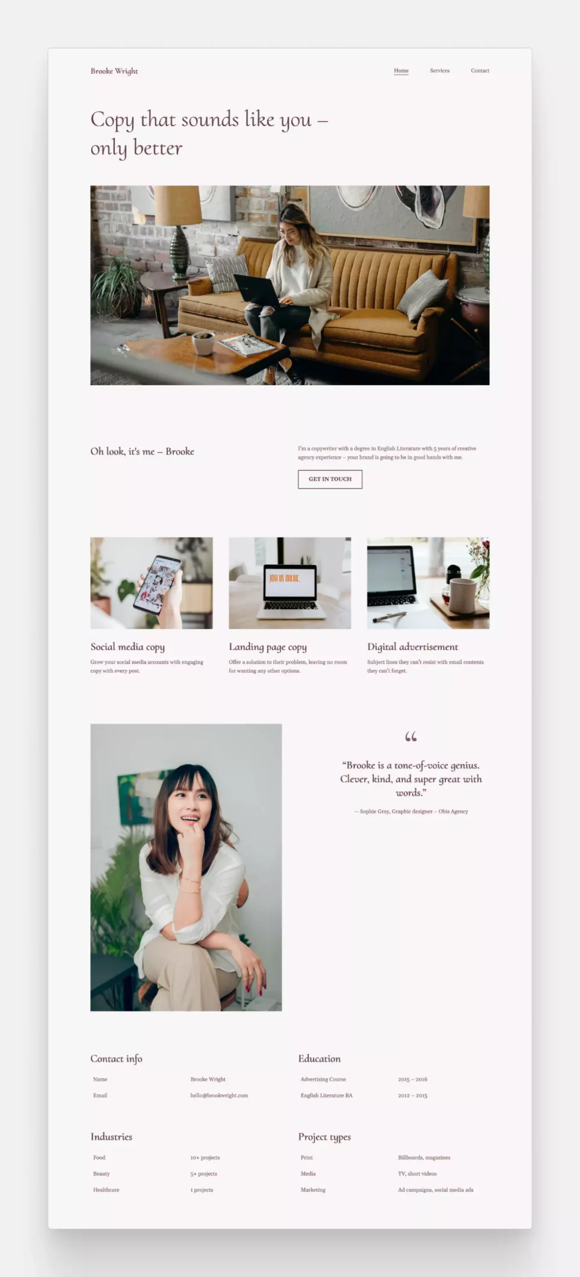 Copyfolio's Artboard template with its default colors and fonts. A copywriting portfolio for Brooke Wright, with the tagline saying: copy that sounds like you —only better.