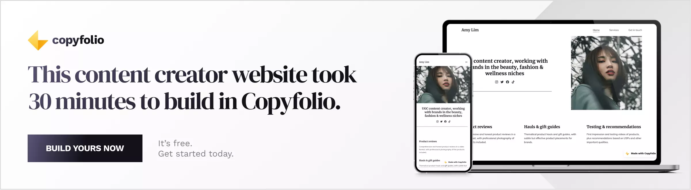 This content creator website took 30 minutes to build in Copyfolio. Build yours today. It's free.