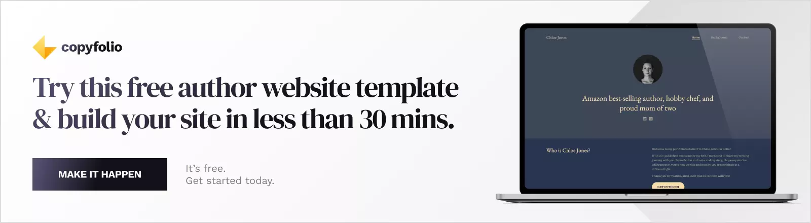 Banner saying: try this free author website template and build your site in less than 30 mins.