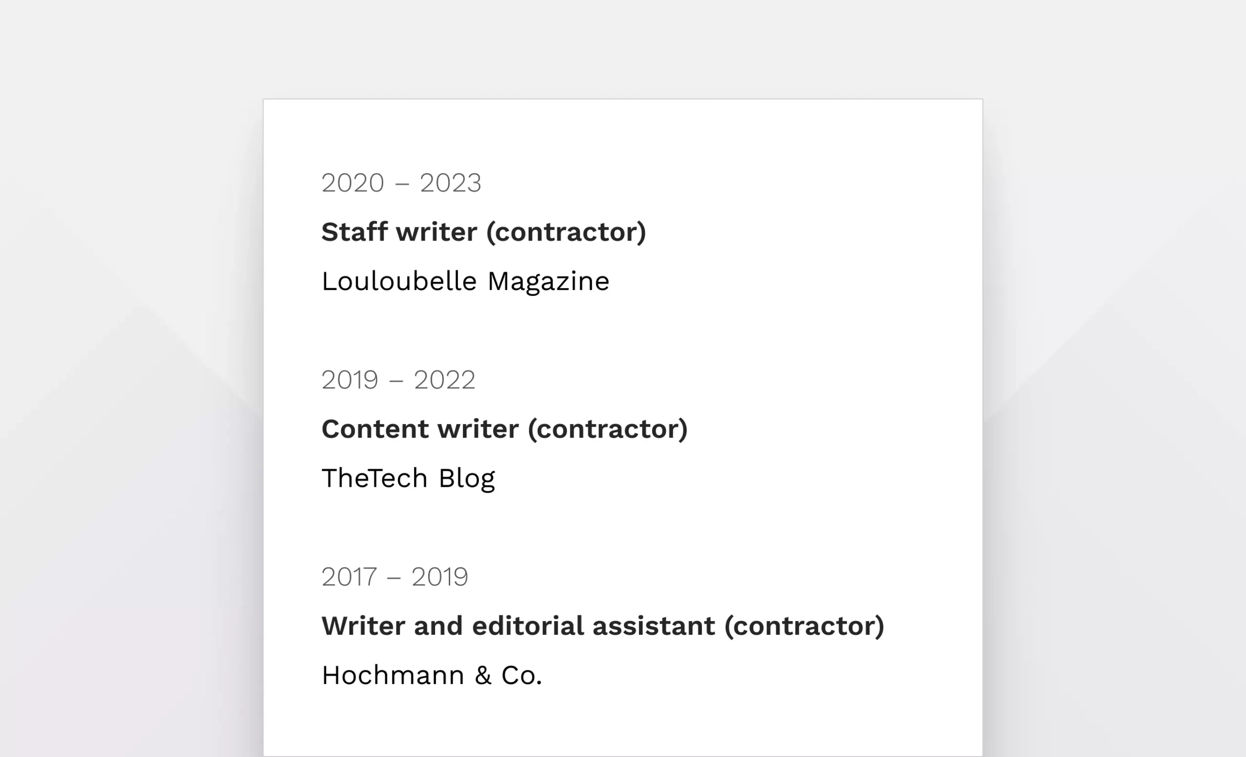 Example of a freelance writer's resume written in the reverse chronological format
