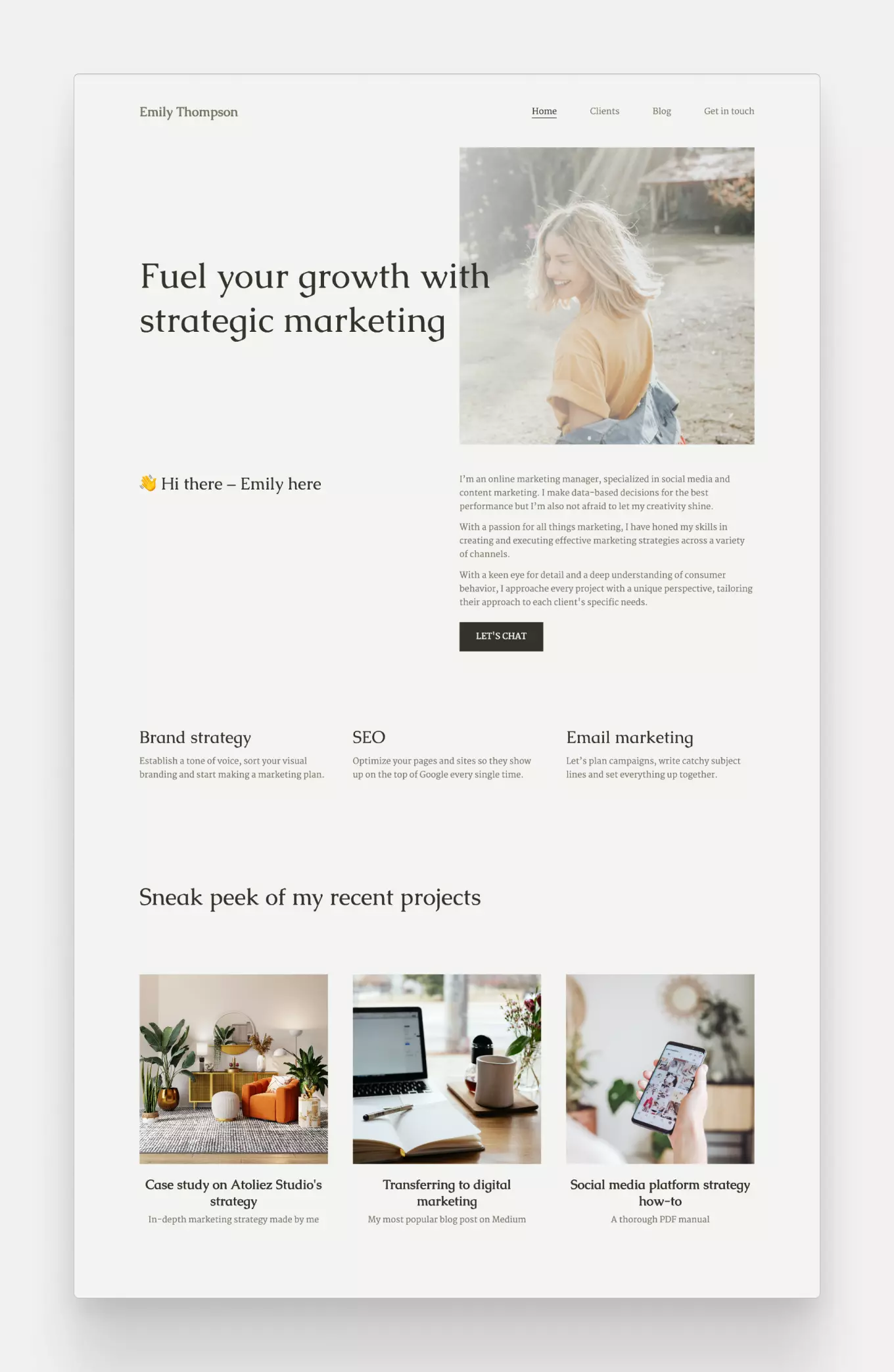 A marketing portfolio website made with Copyfolio's new Premier template