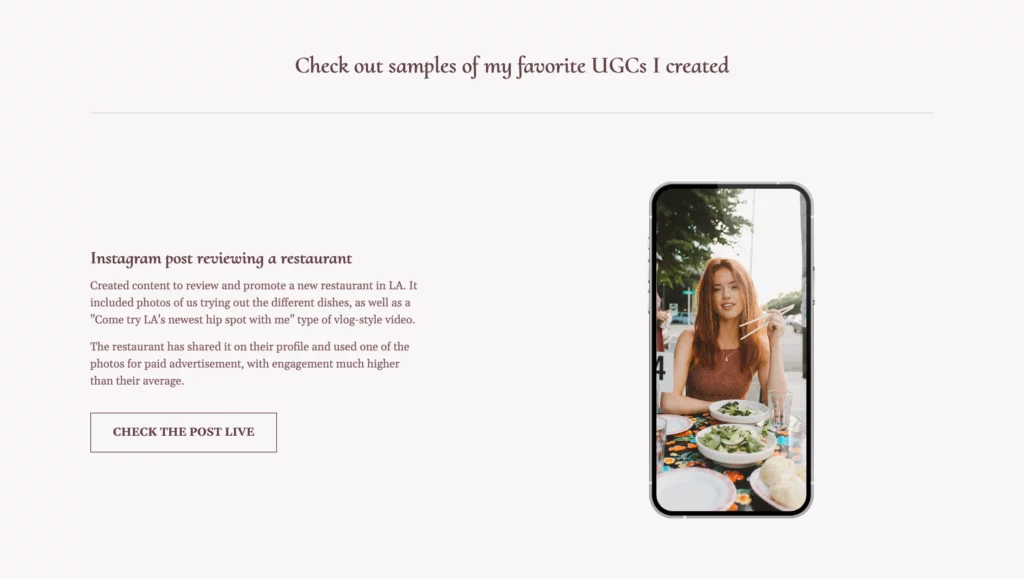 Screenshot from a UGC portfolio website, showing a UGC sample with an explanation and CTA button on the left, and an image in a phone mockup on the right.