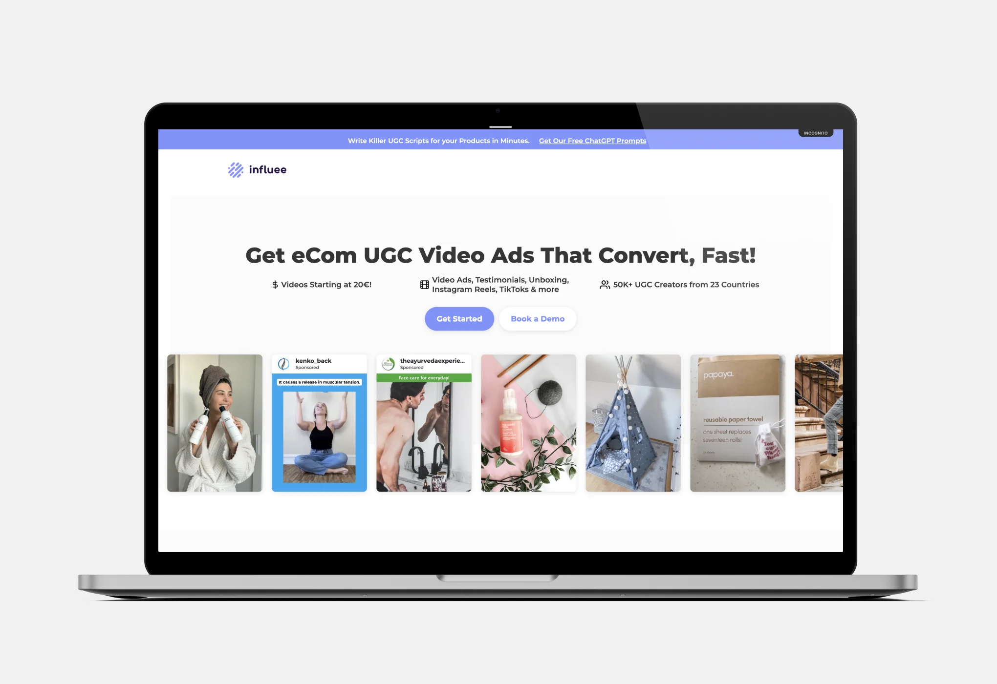 The landing page of UGC platform Influee with the tagline: Get eCom UGC video ads that convert, fast!