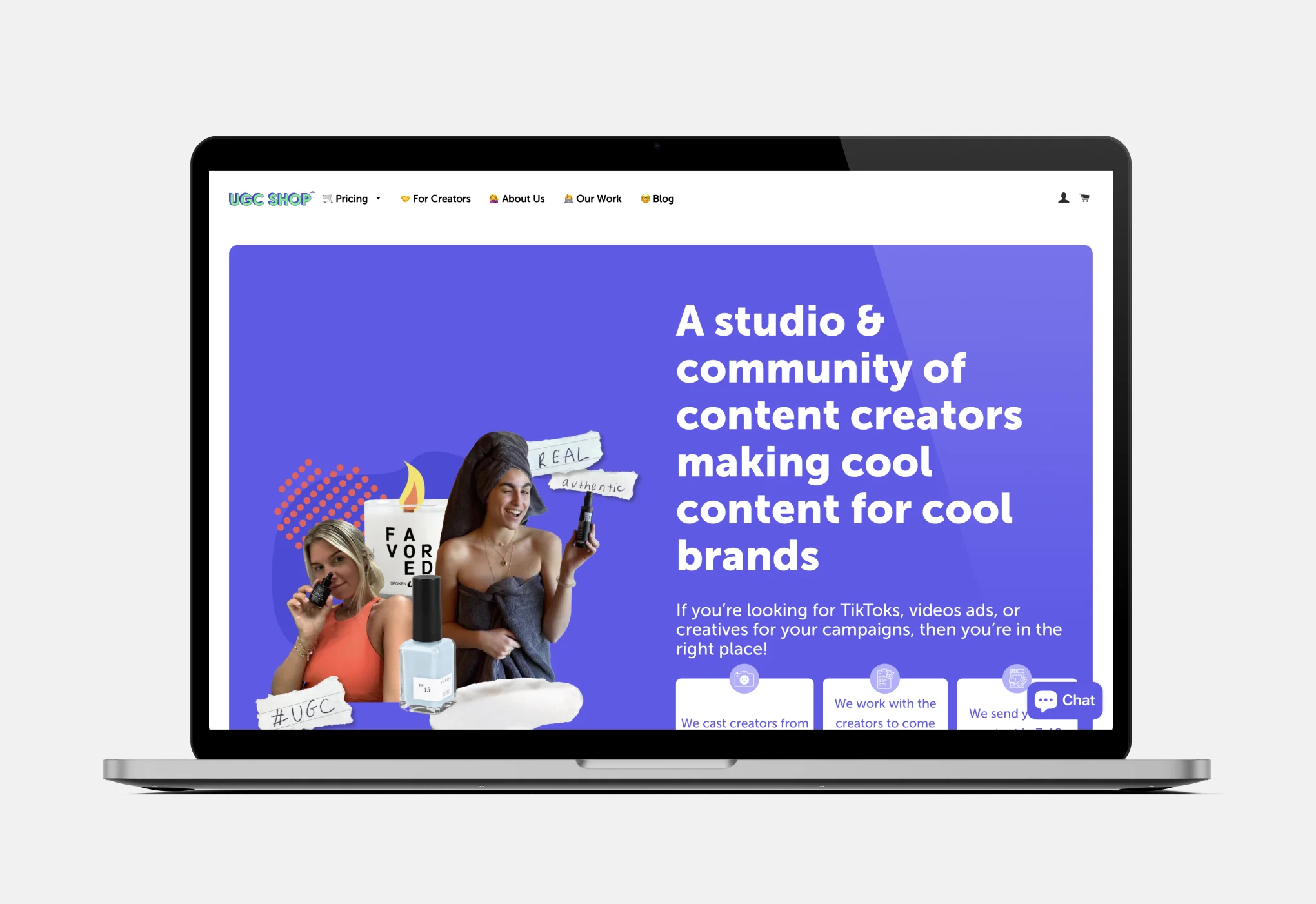 The landing page of UGC shop, with the tagline: A studio & community of content creators making cool content for cool brands.