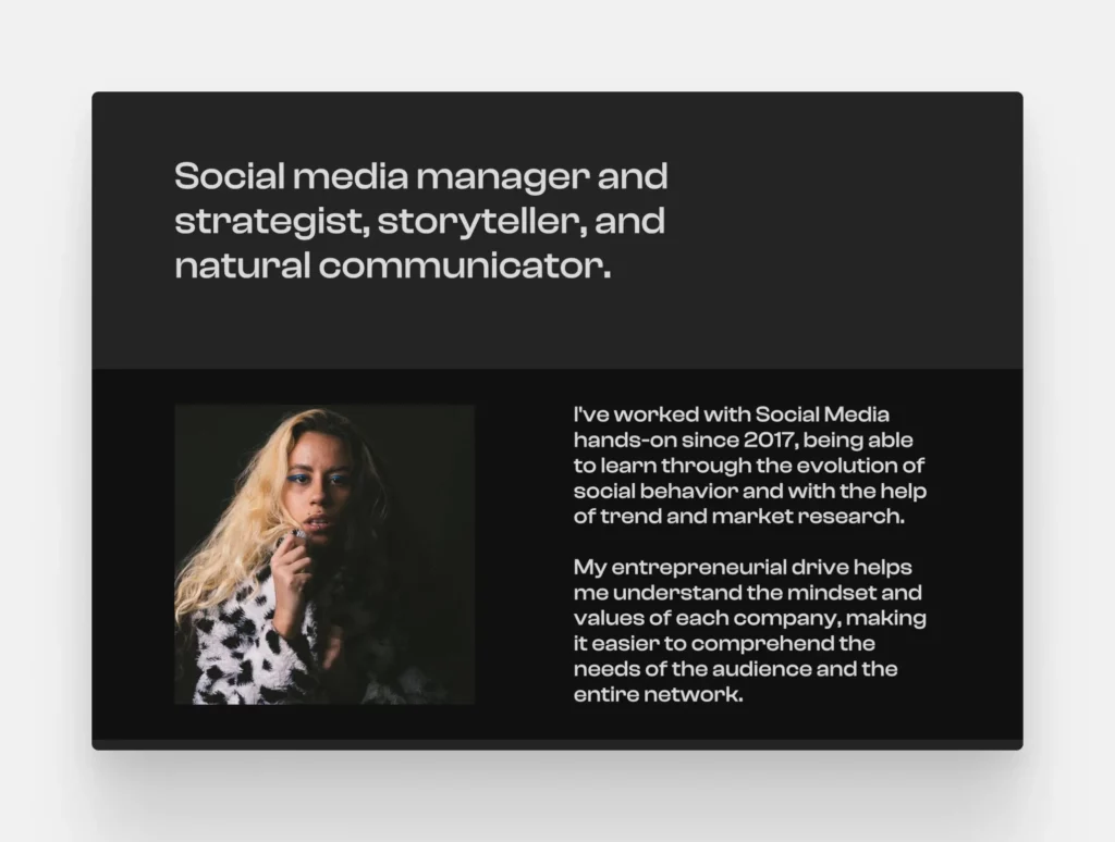 A snippet from social media manager and strategist Adriely's portfolio website.