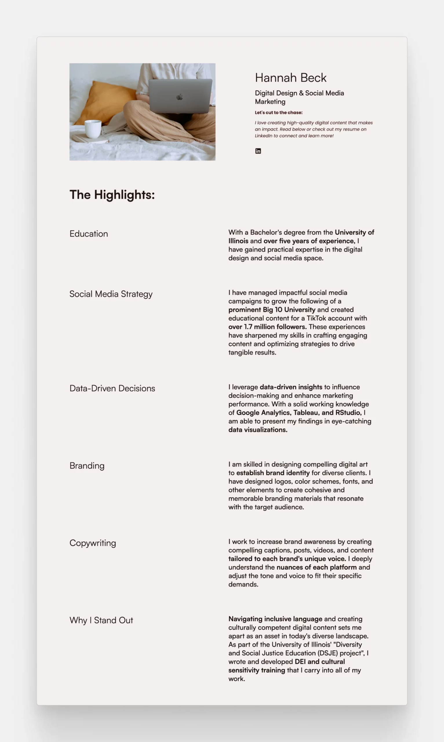 The about page on Hannah Beck social media marketer's website, where each section could act as a paragraph in a social media cover letter.