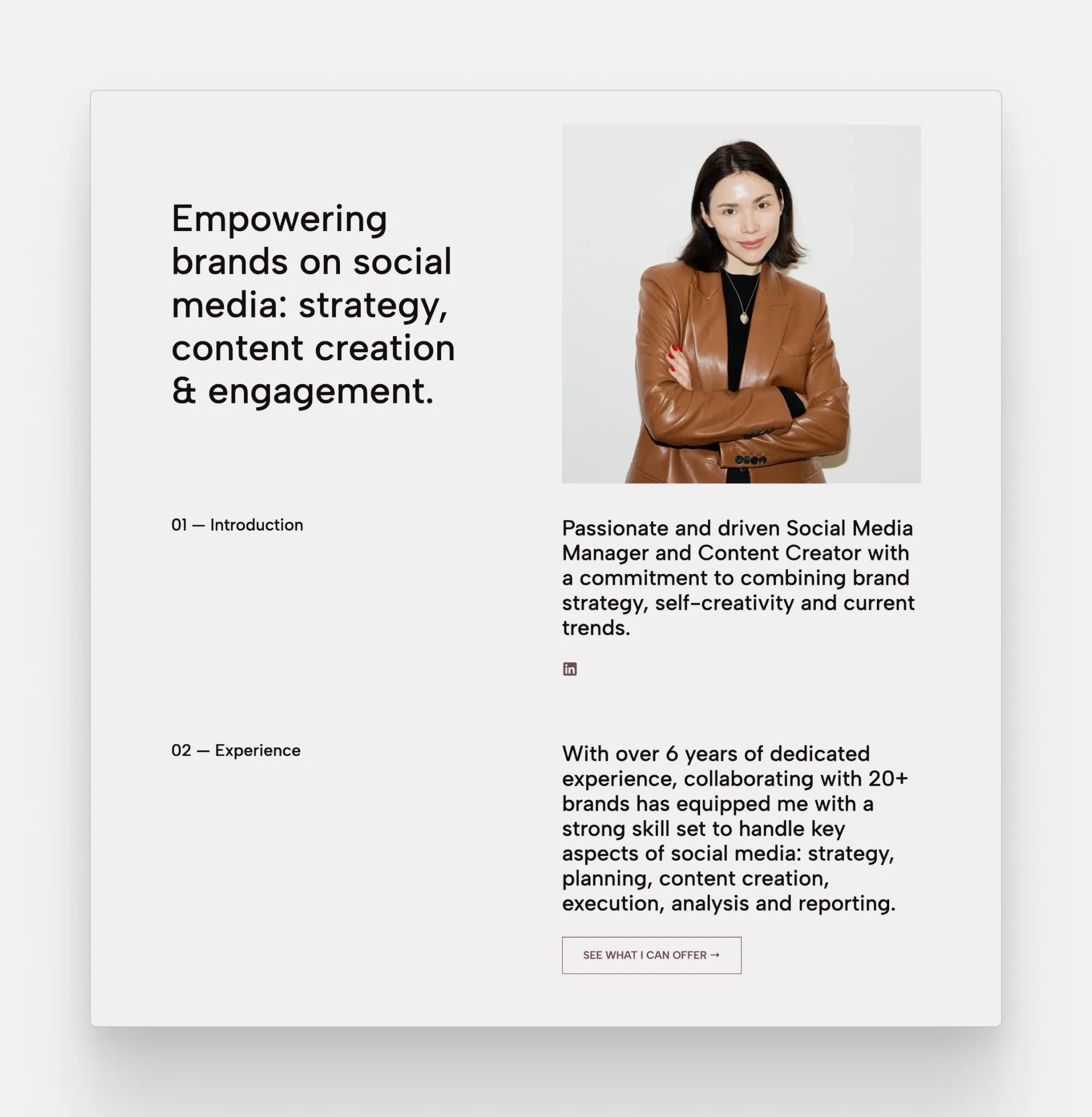 The homepage of Valeriia Ivanova's portfolio website, where the introduction and experience sections can work as inspiration for writing a social media manager cover letter